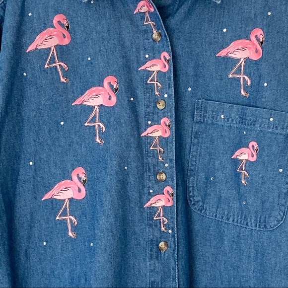 Denim Shirt with Pink Flamingo Embroidery Sz S - Picture 3 of 6
